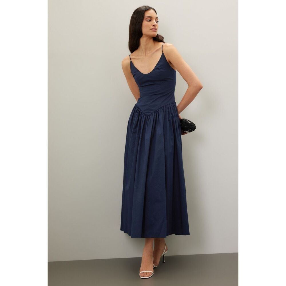 Staud Women's Navy Spaghetti Strap Drop Waist Poplin Dena Maxi Dress Sz 12 NWOT - Picture 10 of 15